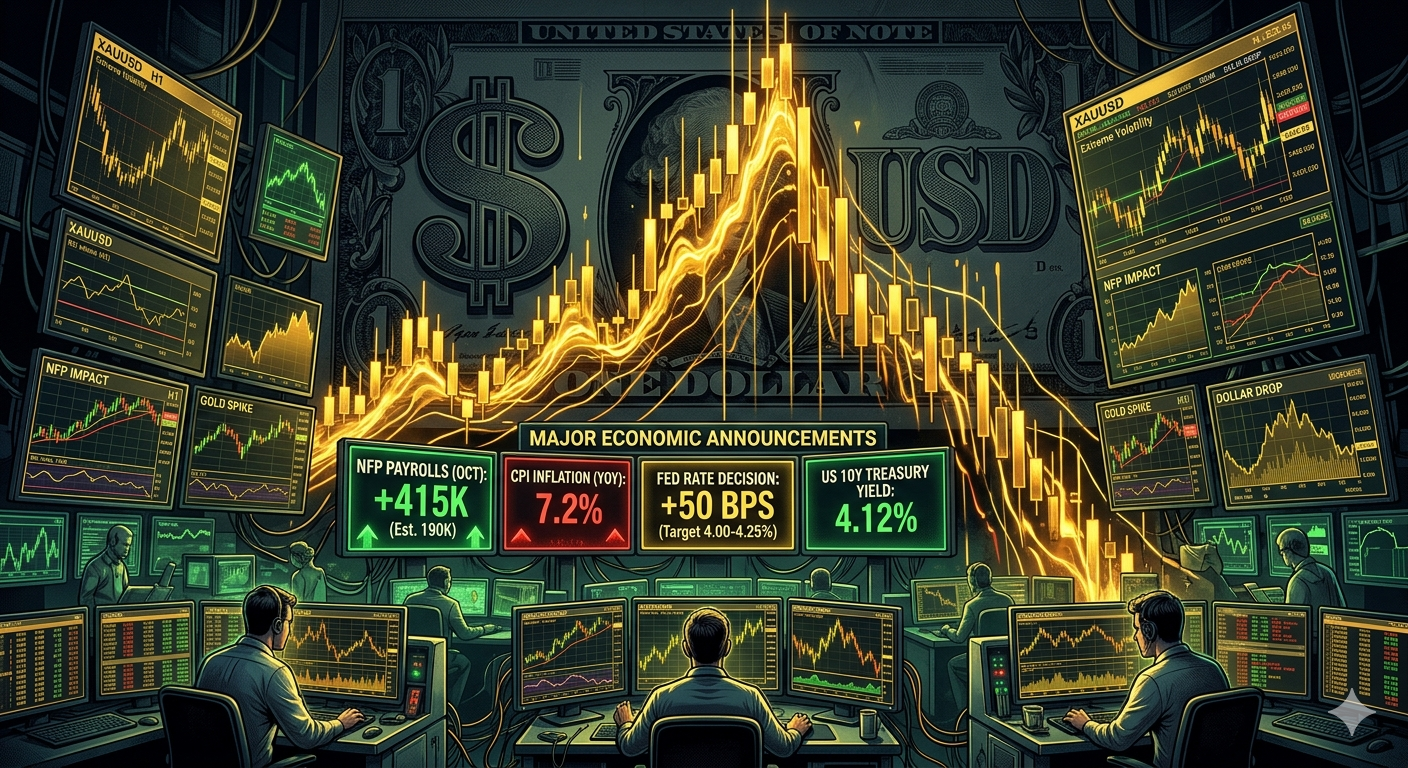 XAUUSD gold trading chart reacting to economic data and dollar volatility