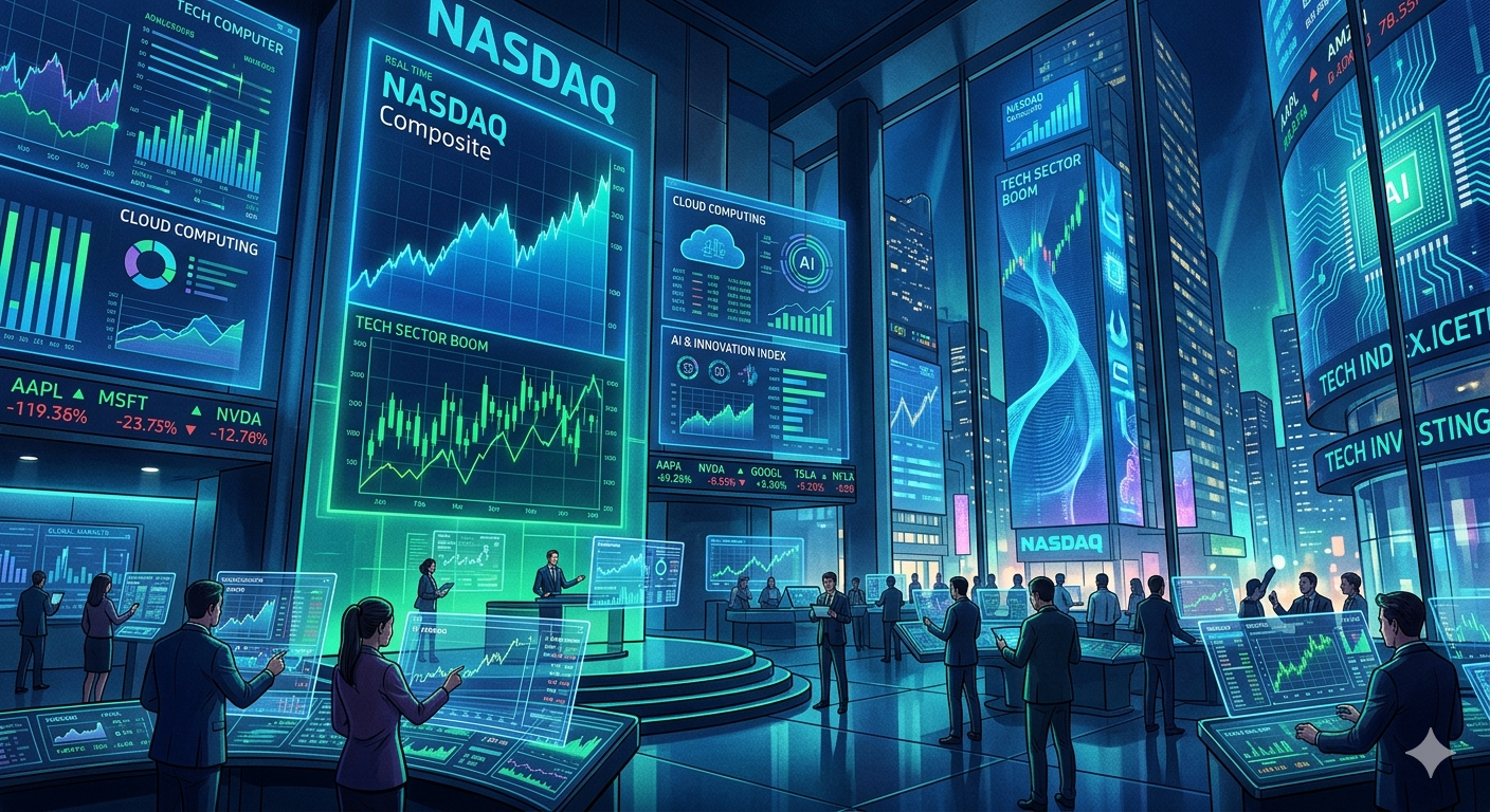 Nasdaq stock market illustration with tech trading charts and AI data