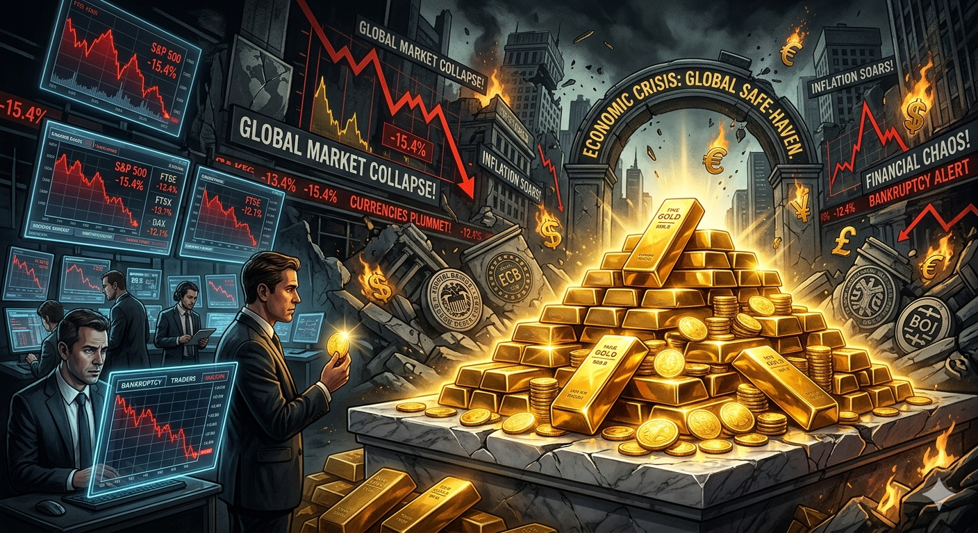Gold bars and financial crisis illustration representing safe-haven investing