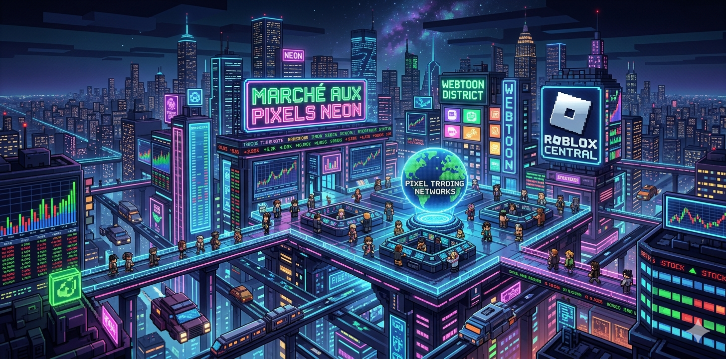 Cyberpunk pixel city with Roblox and WEBTOON neon signs — creator economy 2026