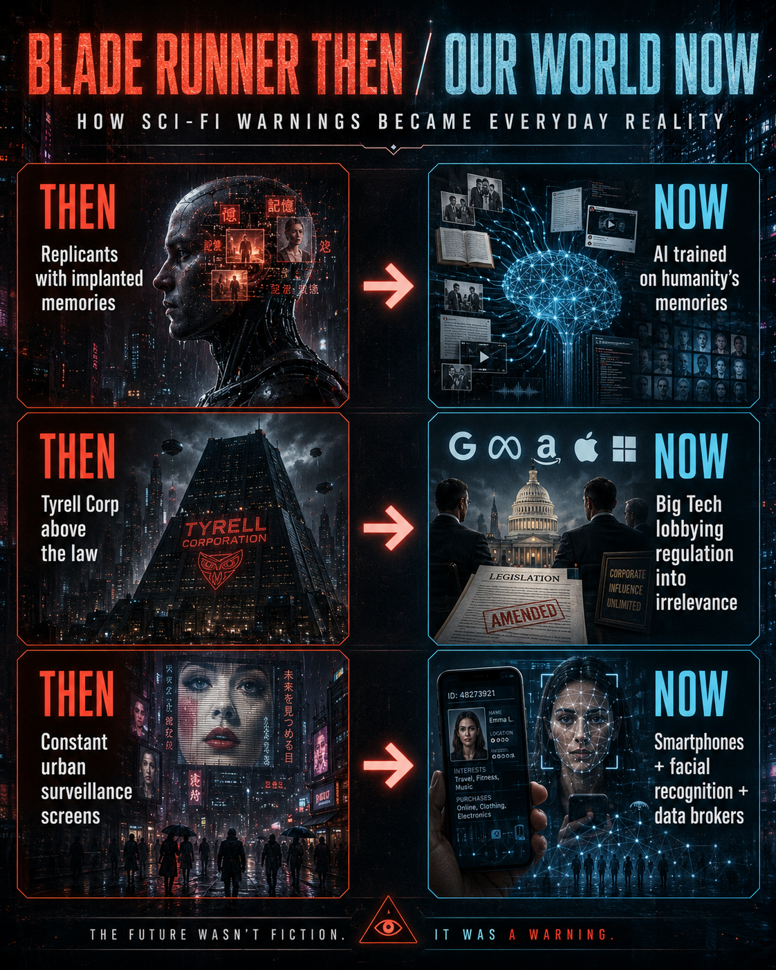 Blade Runner warned us about AI, Big Tech power, and surveillance. Today, that future feels closer than ever.